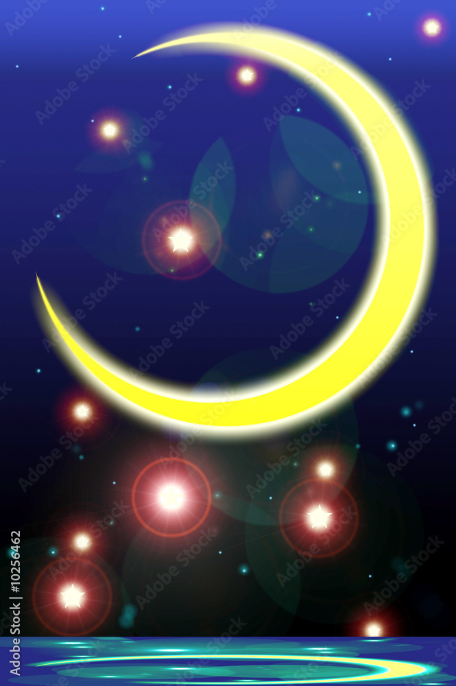 Night Sky With Stars And Crescent With Reflection Night Sky With Stars And Crescent With Reflection