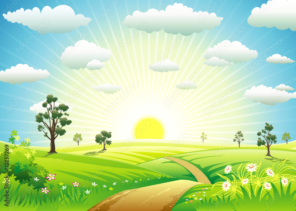 Sunny Meadow landscape of vector illustration layered.