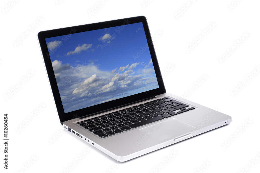 Laptop with blue cloudy sky wallpaper on white background Laptop with blue cloudy sky wallpaper on white background