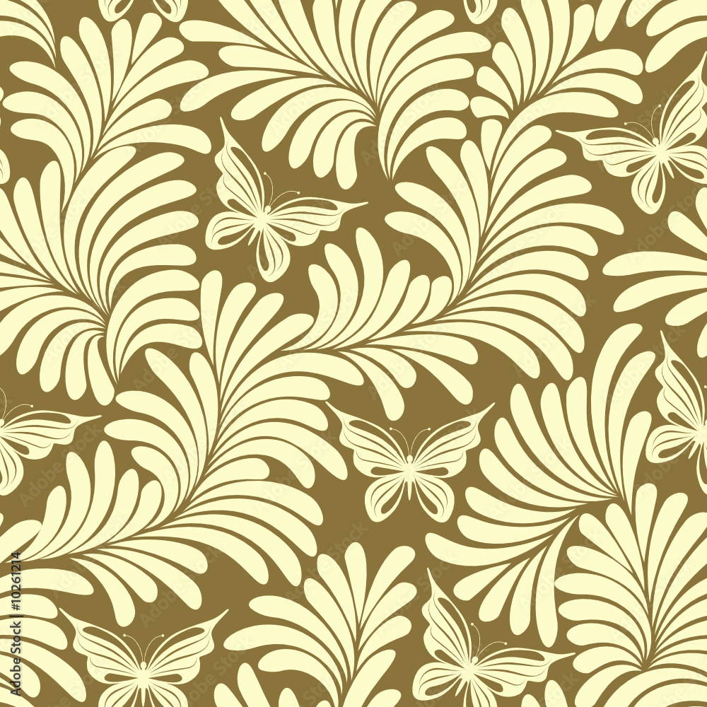Seamless pattern from   yellow plants and  butterflies