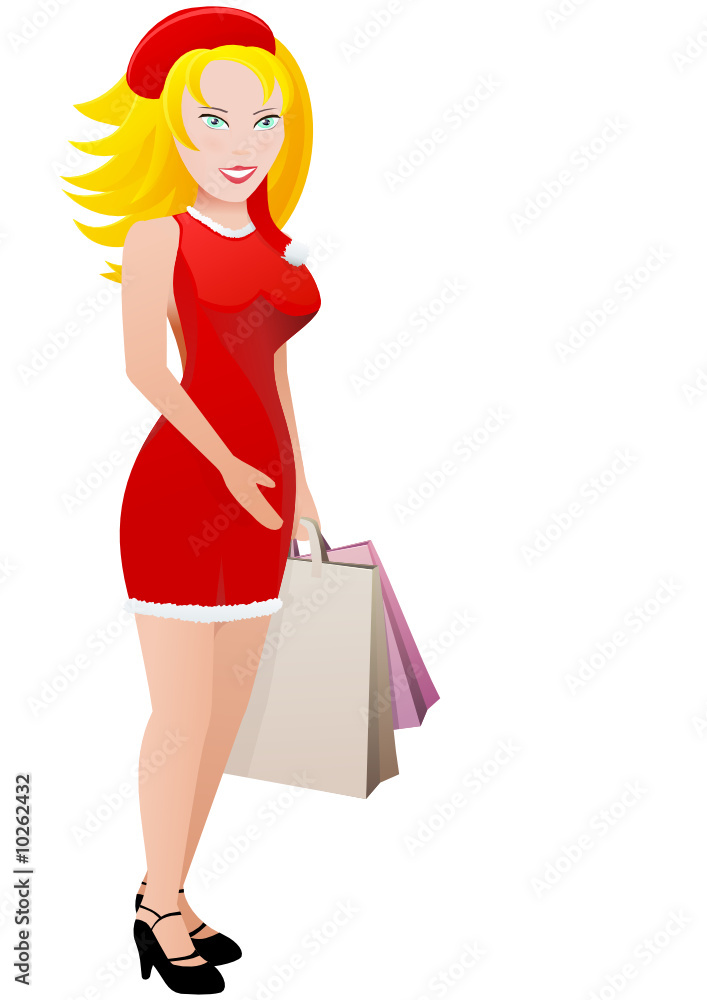 Fille du père Noël et ses sacs de shopping (détouré)