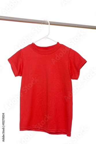 A red t-shirt on a hanger on a white background