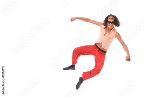 funny looking retro style man dancing on white background