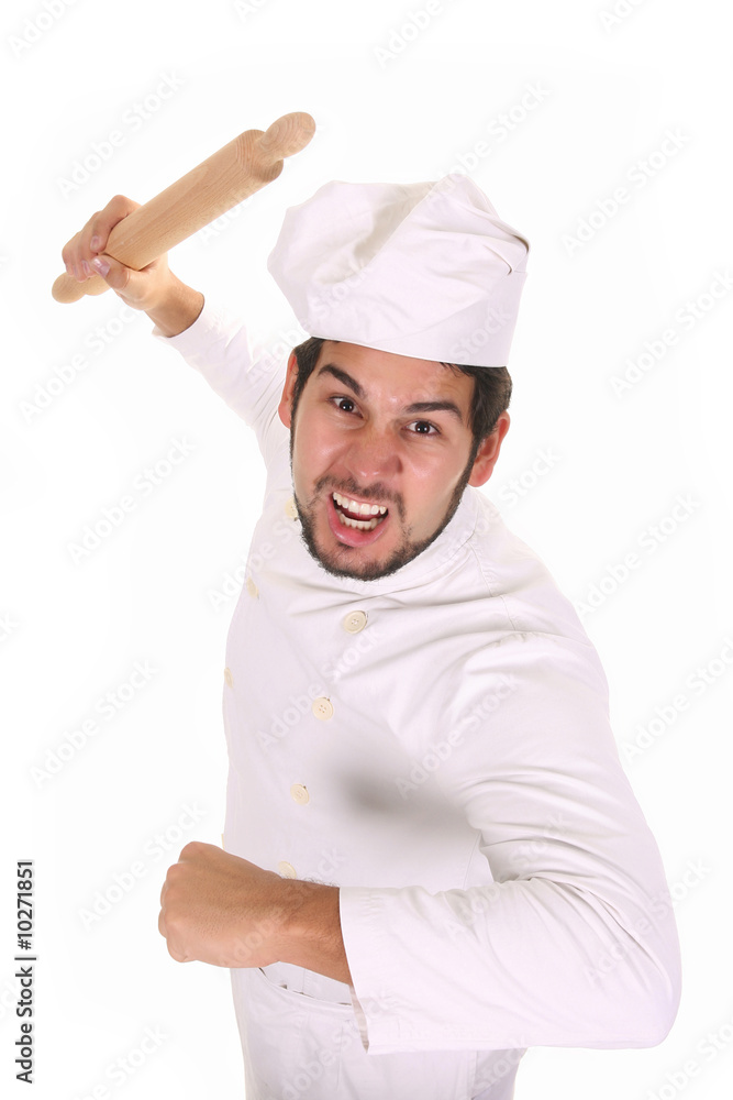Mad chef with rolling pin on white background Mad chef with rolling pin on white background