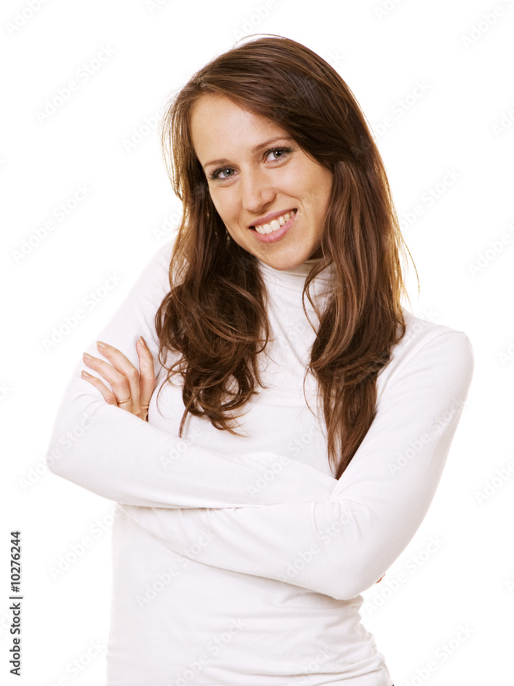 young smiley woman in white over white background young smiley woman in white over white background