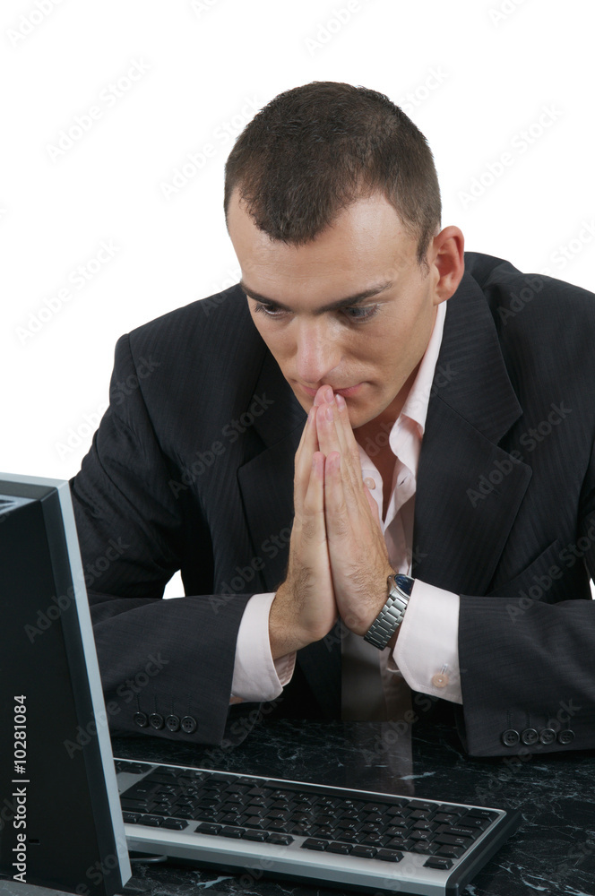 Young business man with problem in office isolated on white Young business man with problem in office isolated on white