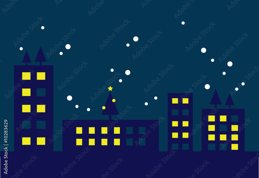 Stadt in einer Winternacht mit Weihnachtsbäumen und Schnee (II)