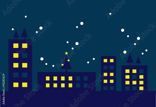 Stadt in einer Winternacht mit Weihnachtsb  umen und Schnee  II 