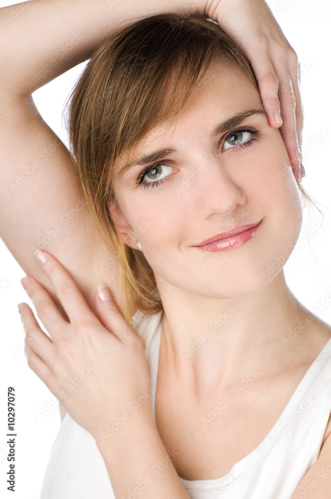 Young brunette woman with close up on white Young brunette woman with close up on white