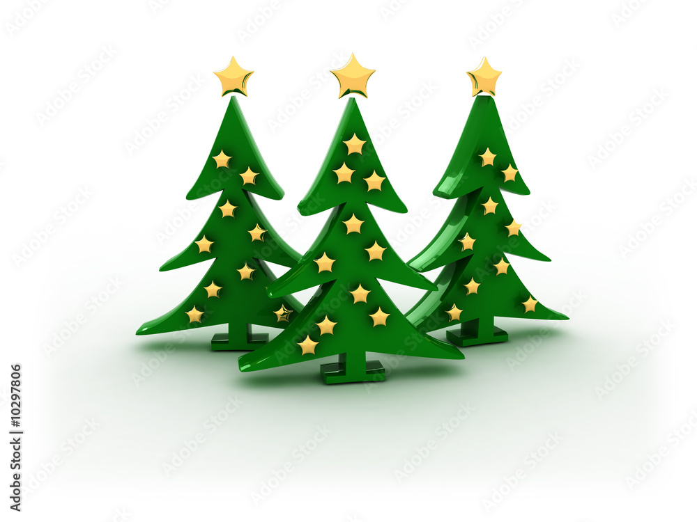3d illustration of three christmas trees on white
