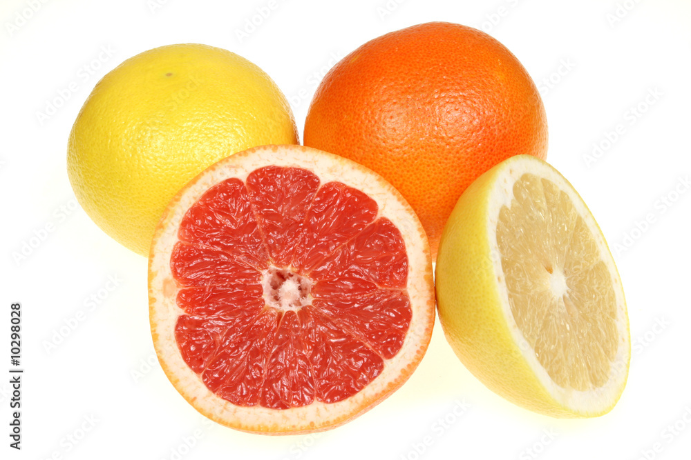 Red and yellow grapefruit. Citrus fruits isolated on white. Red and yellow grapefruit. Citrus fruits isolated on white.