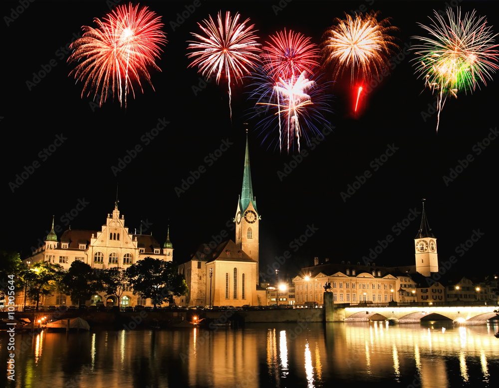 The Zurich City Skyline at night with firework illustration