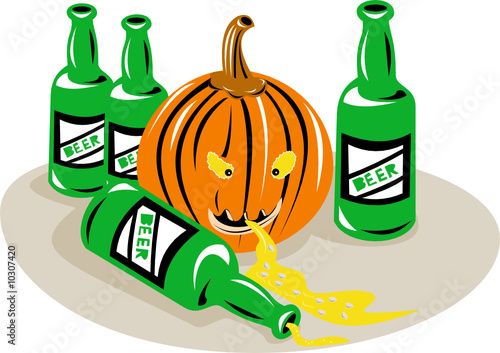 Pumpkin and beer bottles