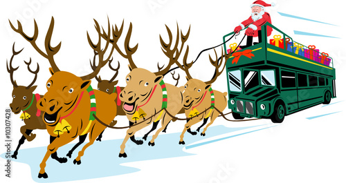 Santa dirivng and reindeer pulling bus