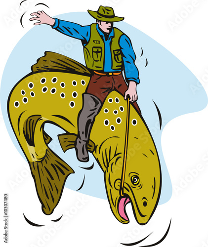 Fisherman riding trout