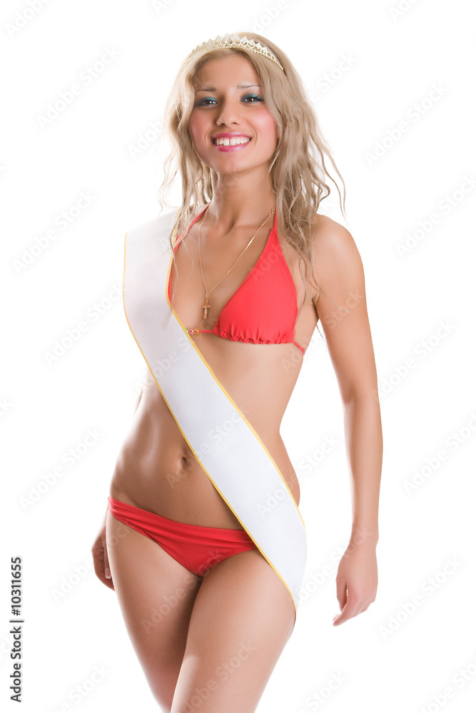 Obraz premium Smiling young curly blonde woman in the red bikini