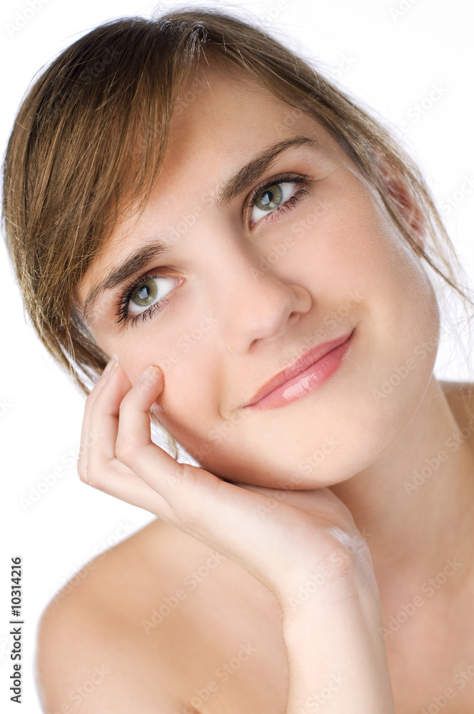 Young brunette woman with close up on white Young brunette woman with close up on white