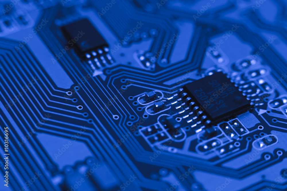 Electronic circuit - blue computer board with chips Electronic circuit - blue computer board with chips