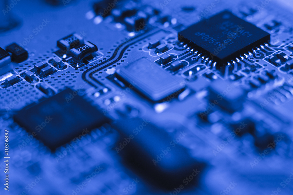 Electronic circuit - blue computer board with chips