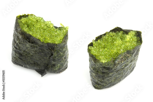 sushi rolls with a caviar are isolated on the white background