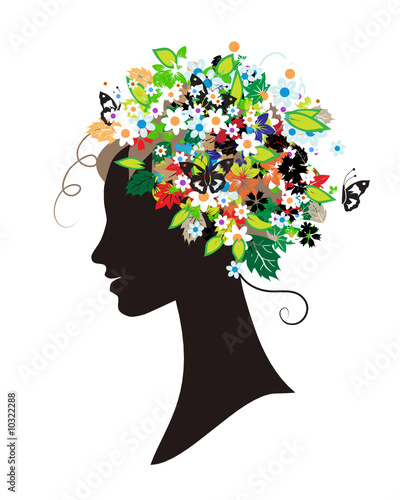 Woman silhouette, floral hairstyle for your design