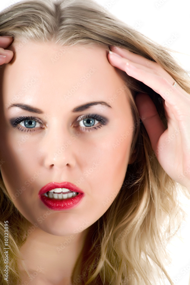 portrait of the blonde with blue eye on white background portrait of the blonde with blue eye on white background