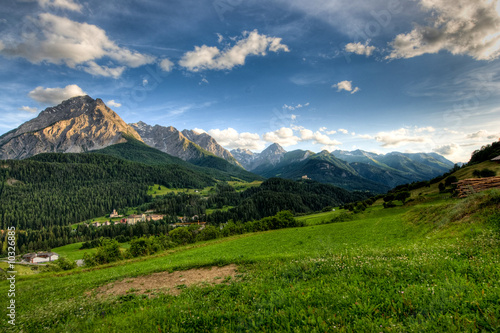 Panoramic view on late afernoon at Scuol, Switzerland.
