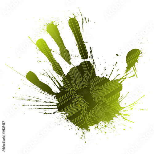 Technological green splatter handprint