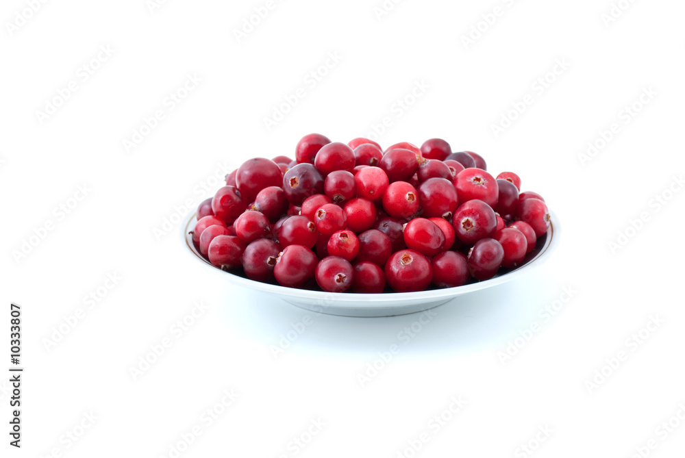 Saucer filled with ripe cranberries isolated on the white Saucer filled with ripe cranberries isolated on the white