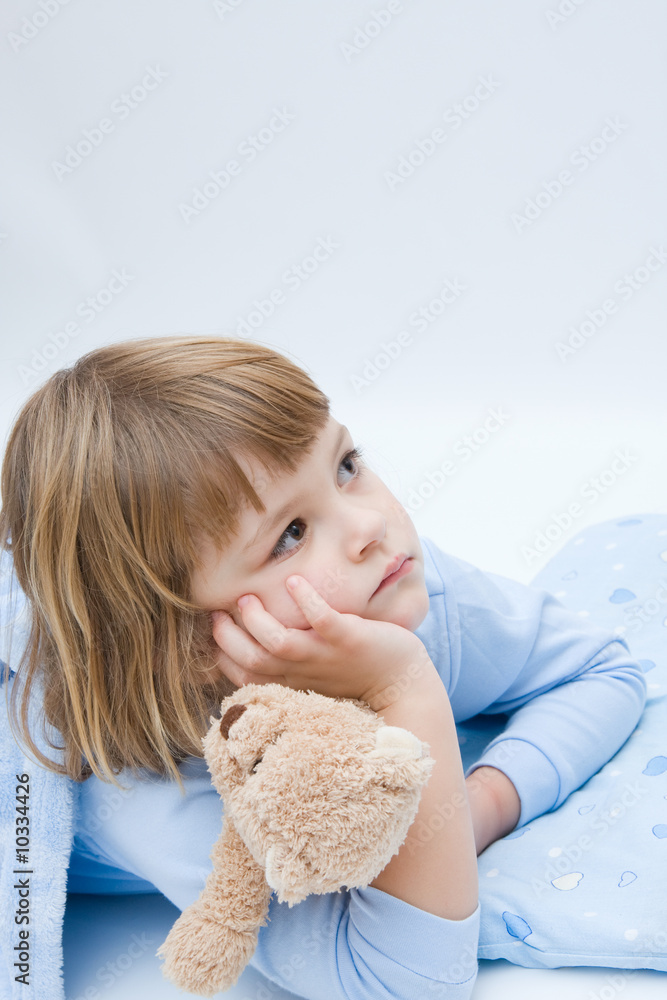 little, sleepless, girl lying in bed with teddy bear little, sleepless, girl lying in bed with teddy bear