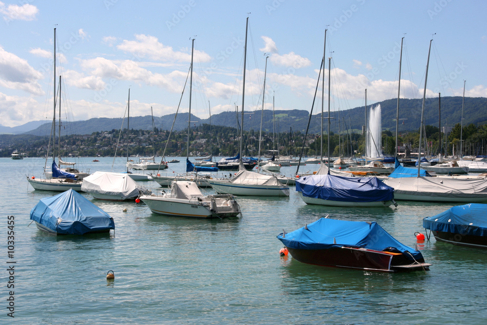 Zurich Lake marina - sailboats and motorboats. Swiss resort.