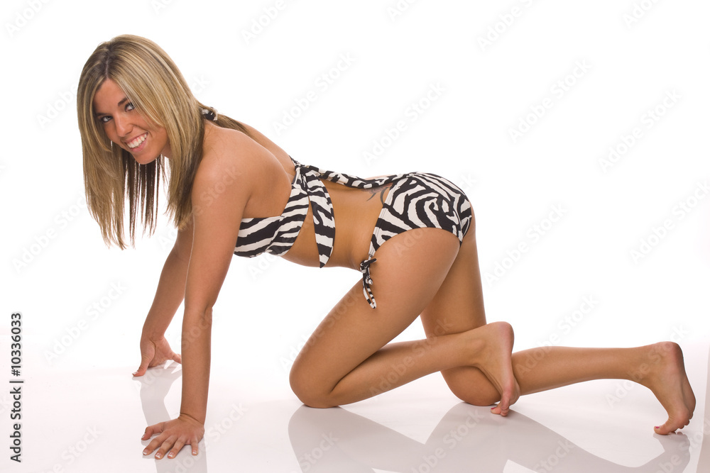 sexy blond in zebra swim suit on her hands and knees