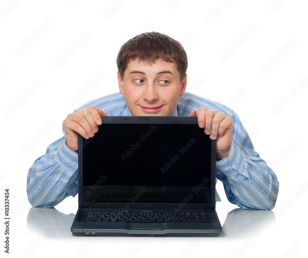 artful man behind the laptop, isolated on white artful man behind the laptop, isolated on white