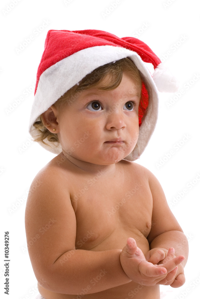 Beautiful Baby with Christmas Hat couting with hands . Beautiful Baby with Christmas Hat couting with hands .