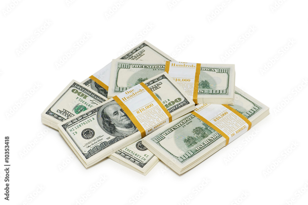 Ten thousand dollar stacks on the white Ten thousand dollar stacks on the white