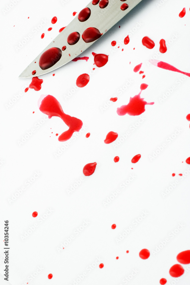 Knife blade with blood drops on white background