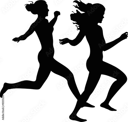 two joyful girls running silhouette