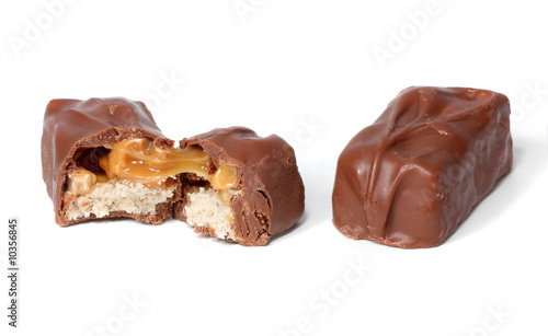 Chocolate carmel candy bars on a white background
