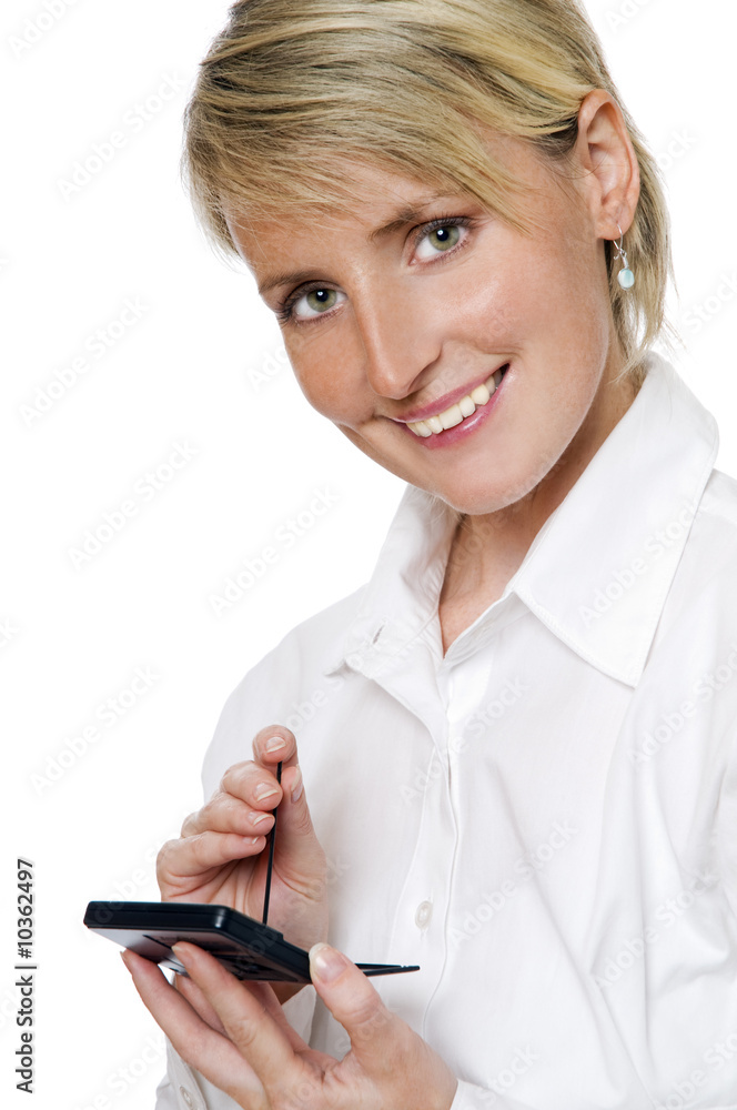 young business woman working on pda close up young business woman working on pda close up