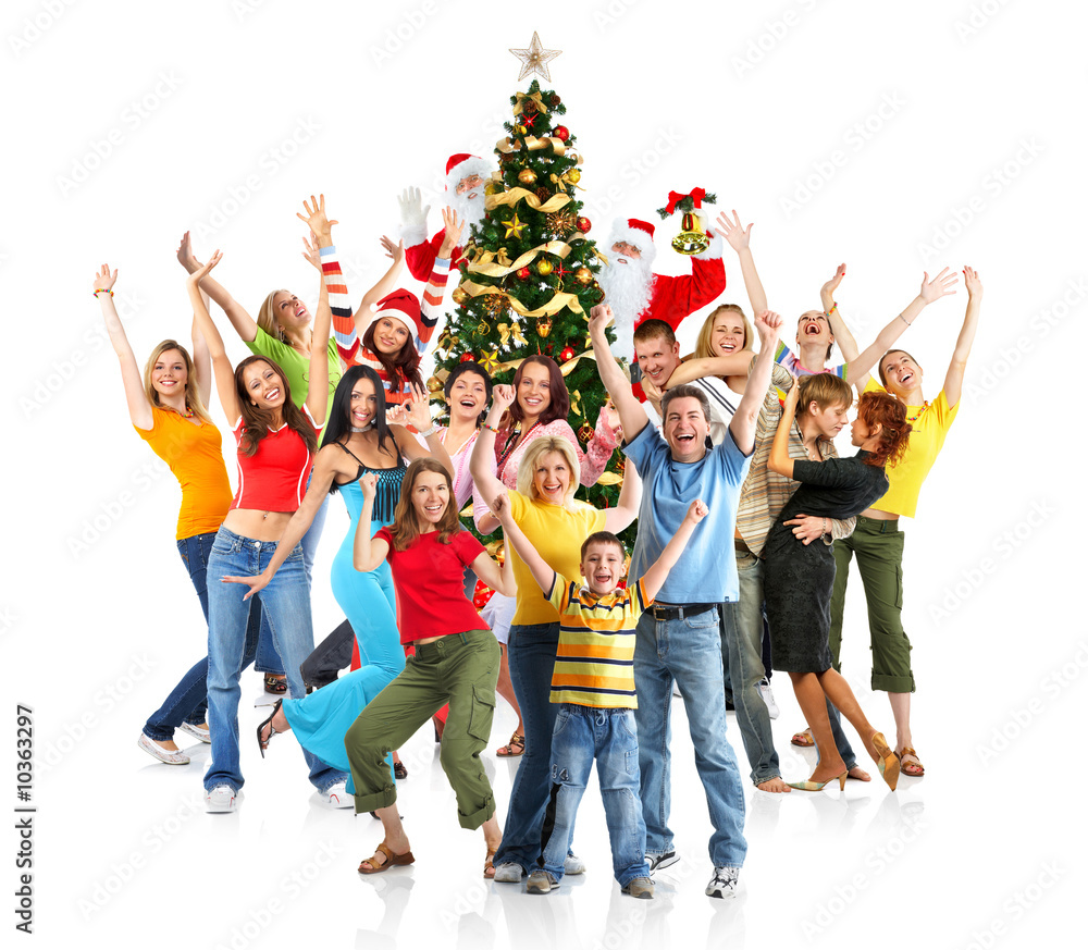 Happy People, Santa and Christmas tree. Over white background.