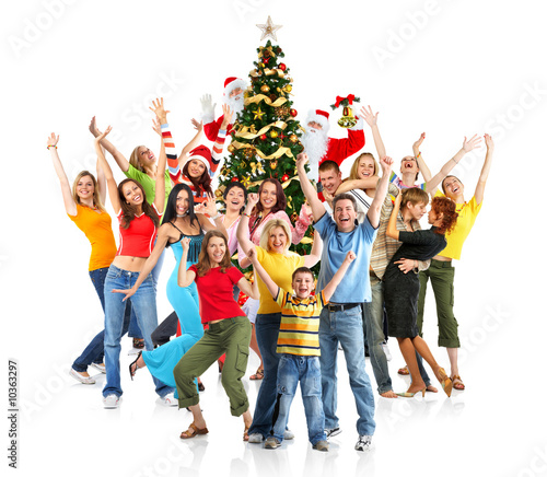 Happy People  Santa and Christmas tree. Over white background.