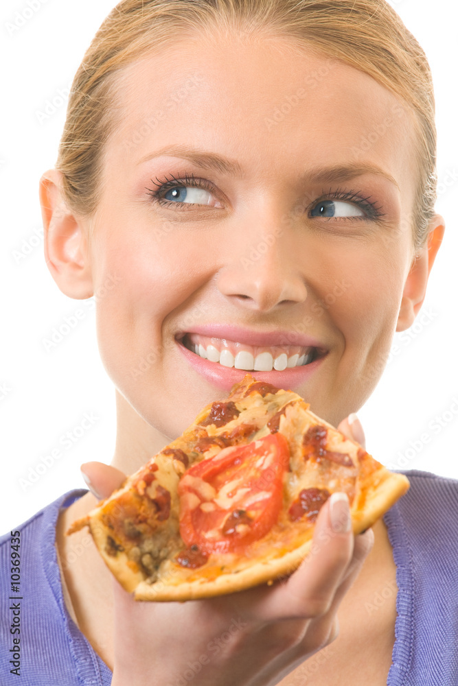 Young happy woman eating pizza, isolated on white