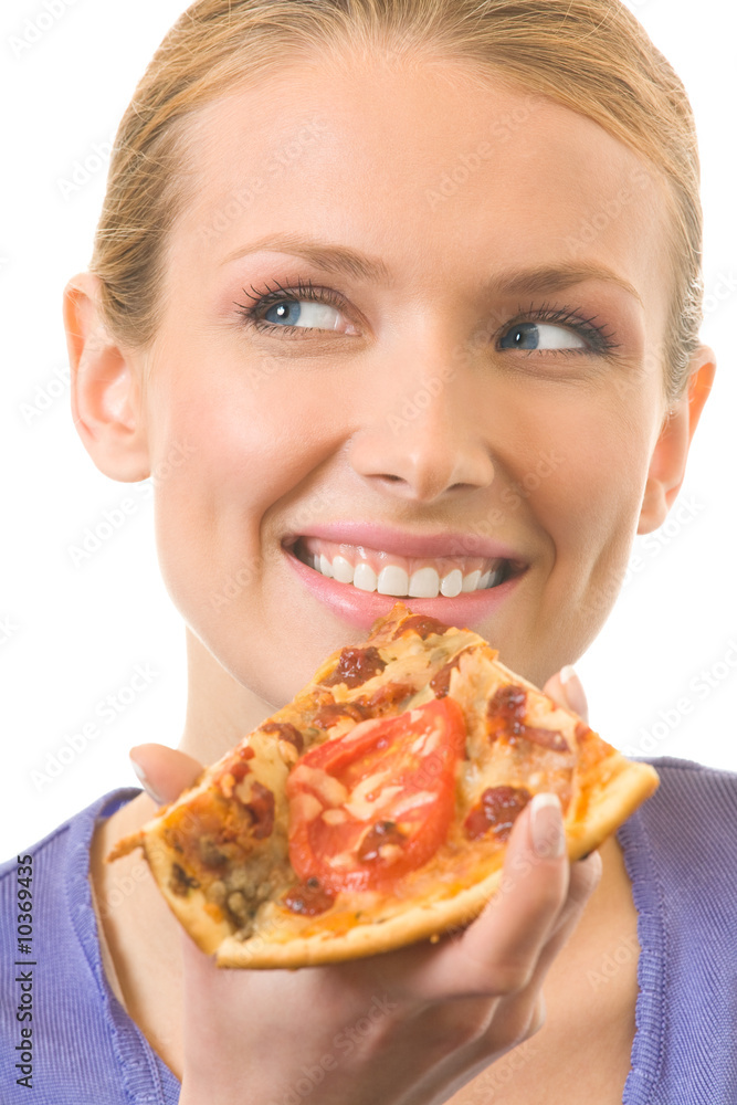 Young happy woman eating pizza, isolated on white Young happy woman eating pizza, isolated on white