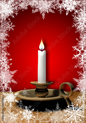 candle and snowflakes on red background