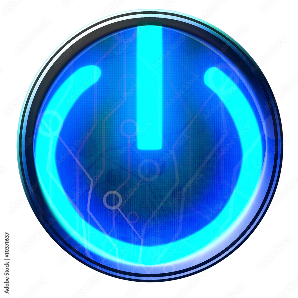 Blue glowing power button on a white background Blue glowing power button on a white background