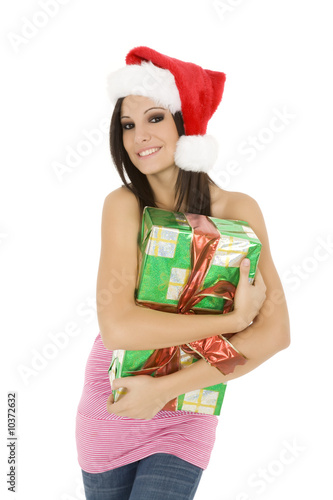 Beautiful Caucasain female holding gifts on white background photo