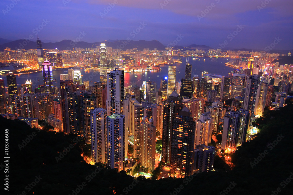 A Panoramic Skyline of Hong Kong City from the Peak.