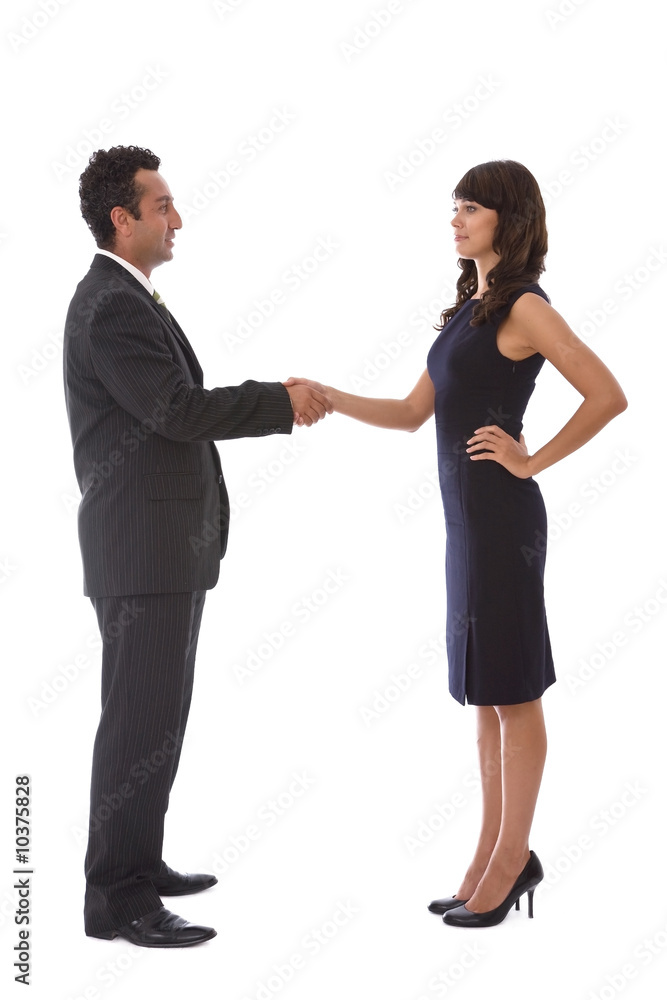 businesswoman and businessman handshake on white background