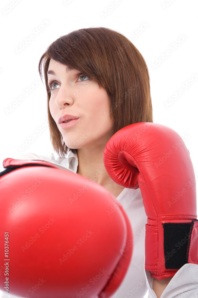 beautiful woman ready for boxing on white