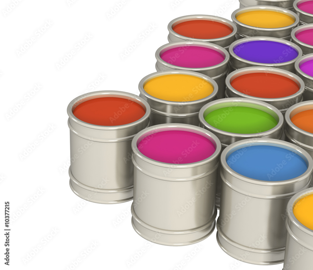 Multi-coloured paints in metal banks Multi-coloured paints in metal banks
